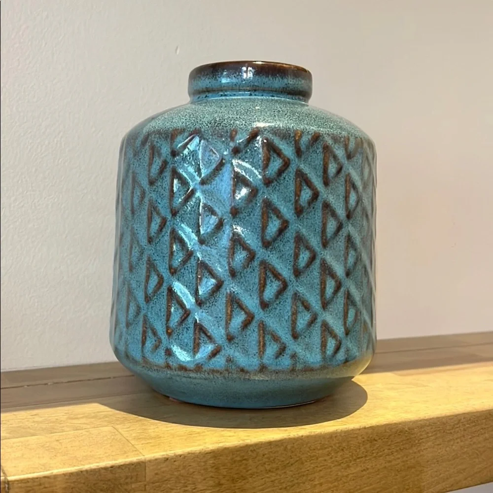 West Elm Ceramic Pottery Vase Turquoise w/Brown Geometric Accents